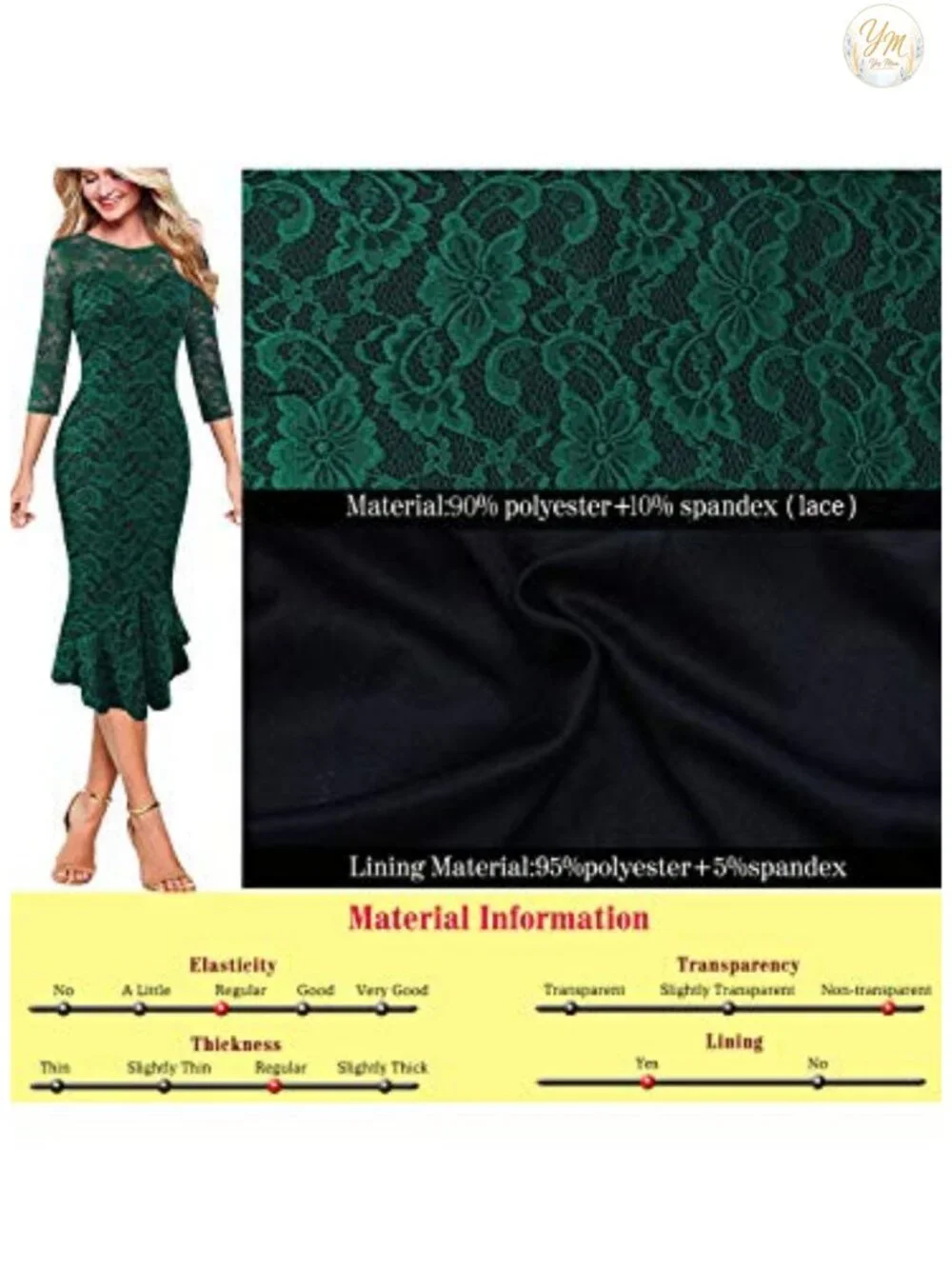 Vintage Bodycon Mermaid Midi Dress Cocktail Party Sheath 3/4 Sleeve Zipper